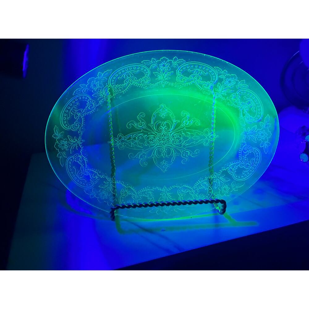 Vintage Etched Uranium Glass Oval Platter with Gold-Tone Stand | Glows Under UV